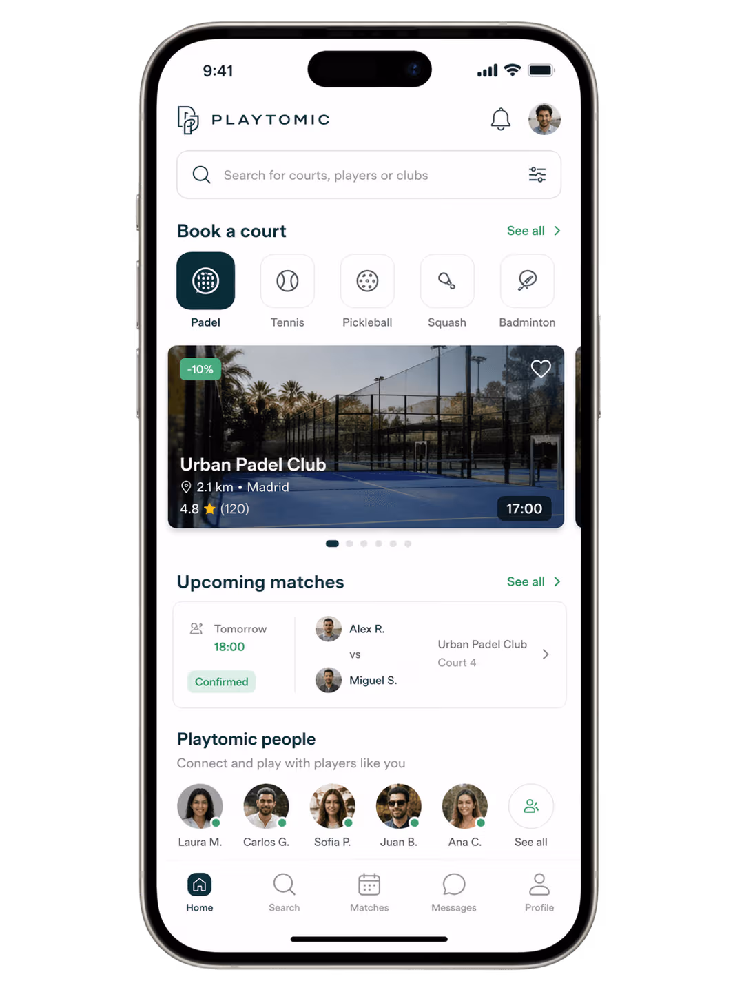 Playtomic app on iPhone — book a court, upcoming matches, and Playtomic people